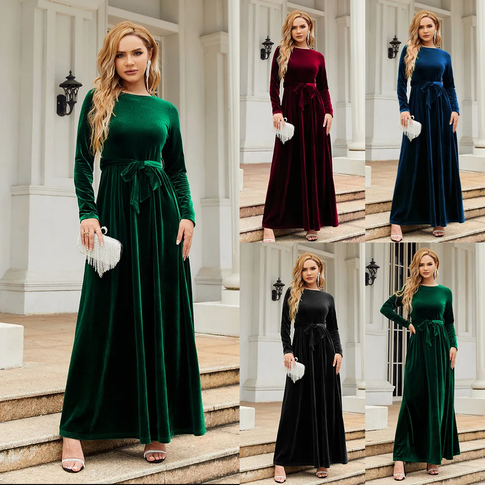 2022 New Arrival Ladies O-Neck Long Sleeve Midi Elegant Party Club Dress Sexy Evening Women Velvet Dresses