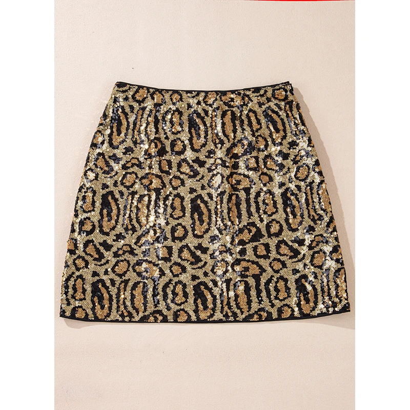 Dear-Lover Western Ladies Sequined Leopard Print Disco Mini Womens Skirts