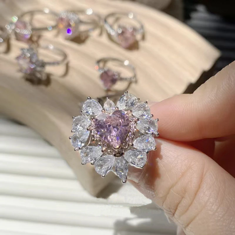 Heart ring full diamond pink love copper plated 18K gold ring fashion jewelry