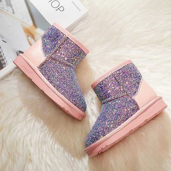 
wholesale winter children bling paillette boa shoes girls little kids shiny mid-calf snow boots 