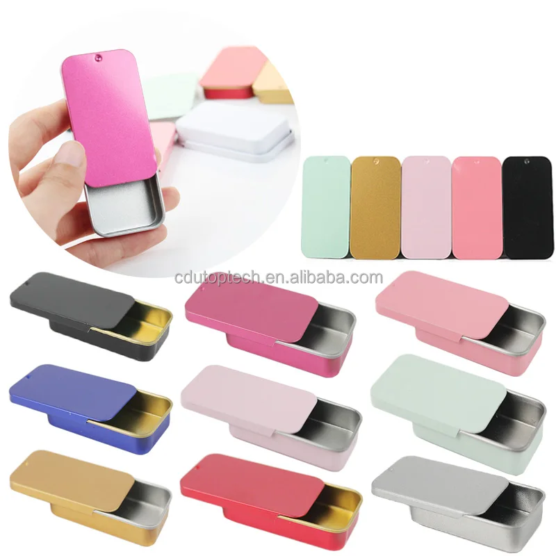 Empty Small Rectangle White Black Silver Mint/Cosmetic/Brow Soap/Solid Perfume/Lip Balm Slide Top Metal Tin Case/Box/Container