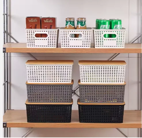 Nissen Hot sells durable desktop plastic storage containers Stackable storage baskets, plastic storage baskets with bamboo LIDS
