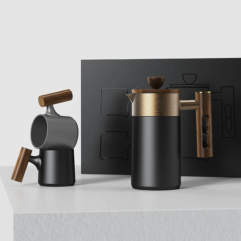 DHPO New Design Ceramic Commercial Cafe French Press Set With Wooden Handle Hour Glass Timer 304 Stainless Steel Plunger