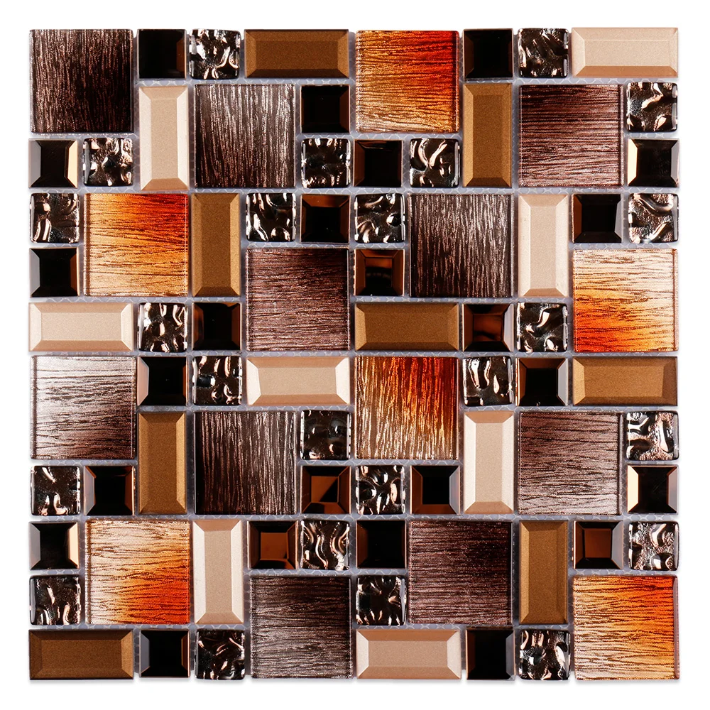 Luxury beveled edge gradient mixed color brown golden crystal glass mosaic for wall