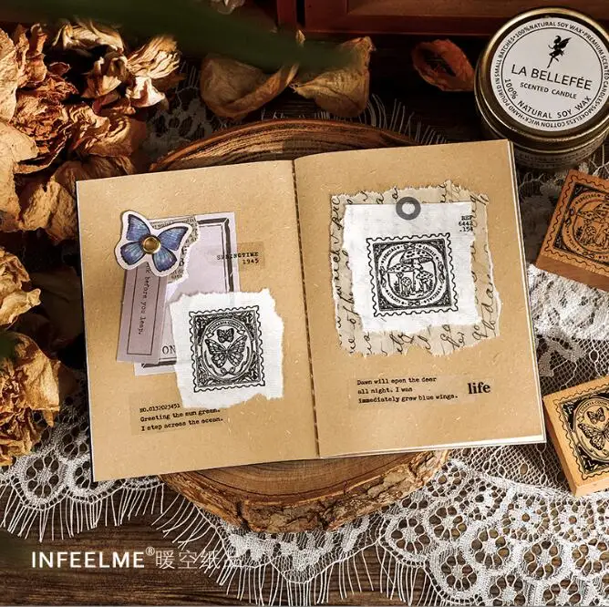 Infeel Me 9pcs creative wood rubber stamp set vintage butterfly mushroom wood stamp for planner scrapbook