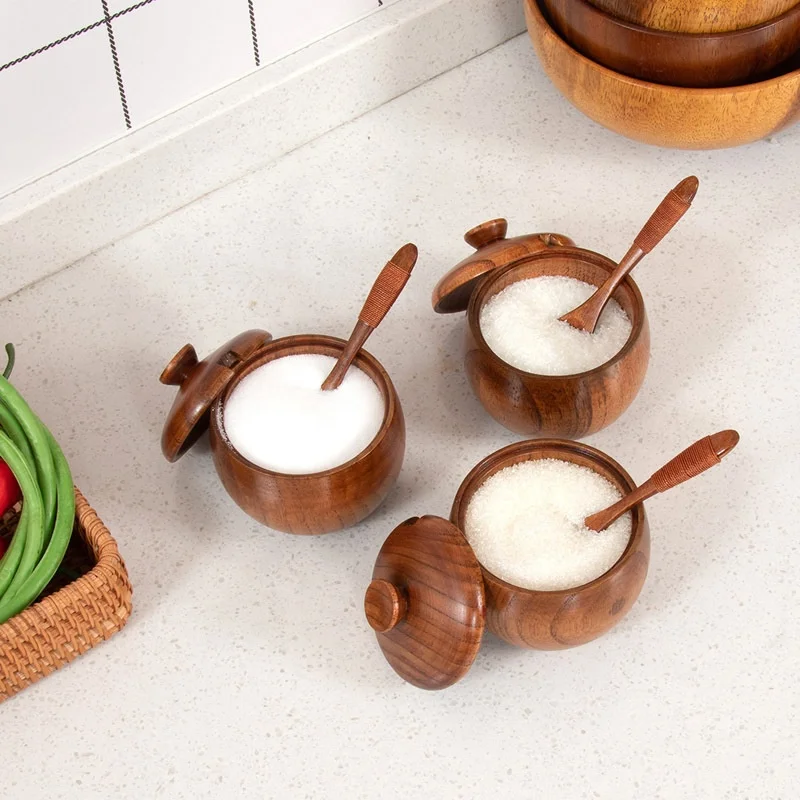 Creative kitchen wooden seasoning pots spice jar seasoning kitchen pot spoon cover seasoning pot