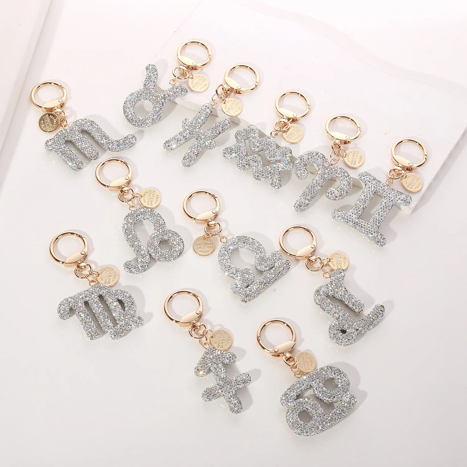 New Arrival Diy Custom Crystal Color 12 Star Sign KeyChain White Crystal 12 Animals Star Key Chain
