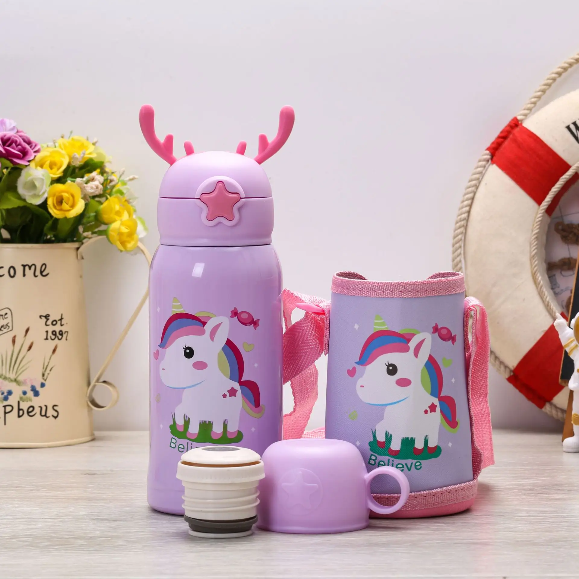 Custom 500ml 17oz Kawaii Deer Antler Water Bottles For Kids School Children 316 Stainless Steel Vacuum Thermos