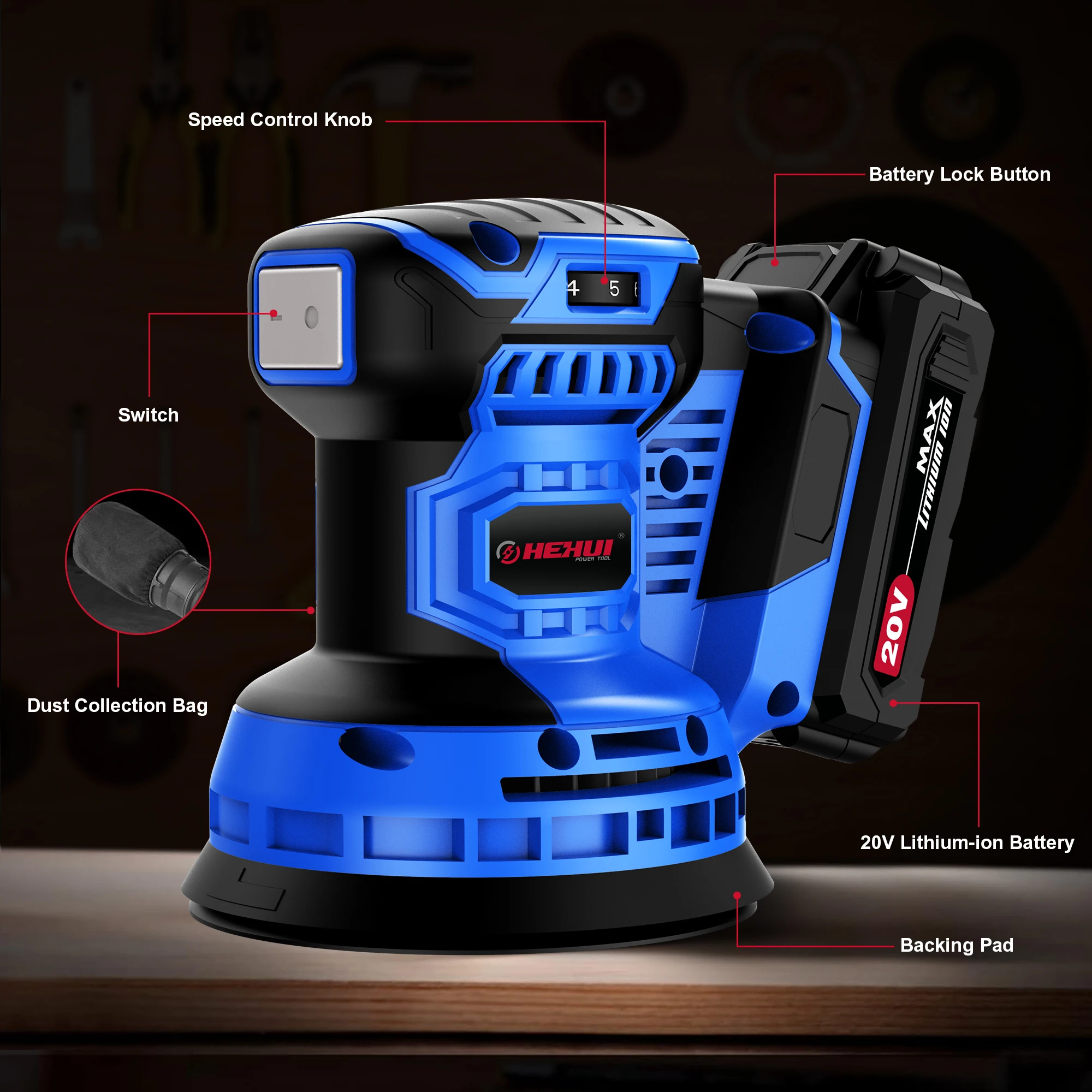 Hehui 20V 125Mm Wood Brush Floor Drywall Sanding Tools Cordless Sander Battery Mini Random Orbital Sander