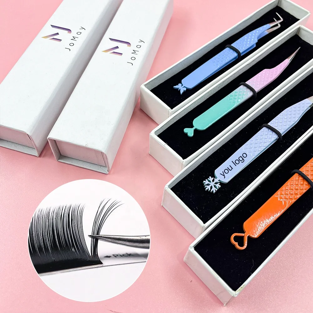 Stainless Steel Eyelash Tweezers Diamond Grip Eyelash Tweezers Pink Box Packing Private Label Fiber Tip Volume Lash Tweezers