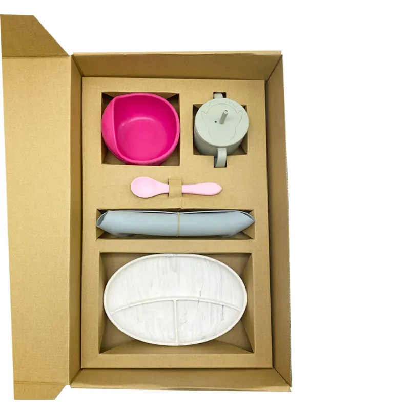 Customized Eco-friendly Corrugated Paper Box Lightweight Durable Silicone Tableware Kids Gold Foil Print Safe Shipping Enhances