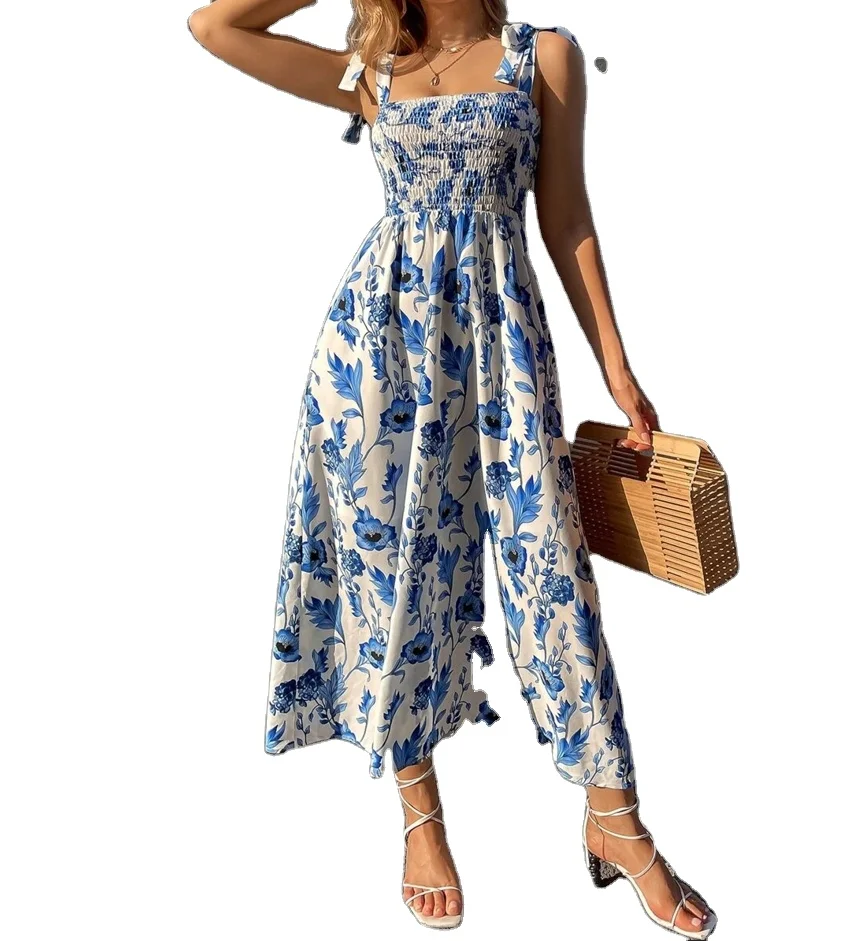 New Women Lady Beach Wear Elegant Floor-Length Printed Spaghetti Straps Teenage Girls Dresses