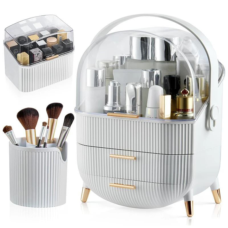 3 Pcs Set Makeup Organizer for Vanity Portable 2 Drawer Cosmetic Storage Box Brush Holder Lipstick Skincare Display Case