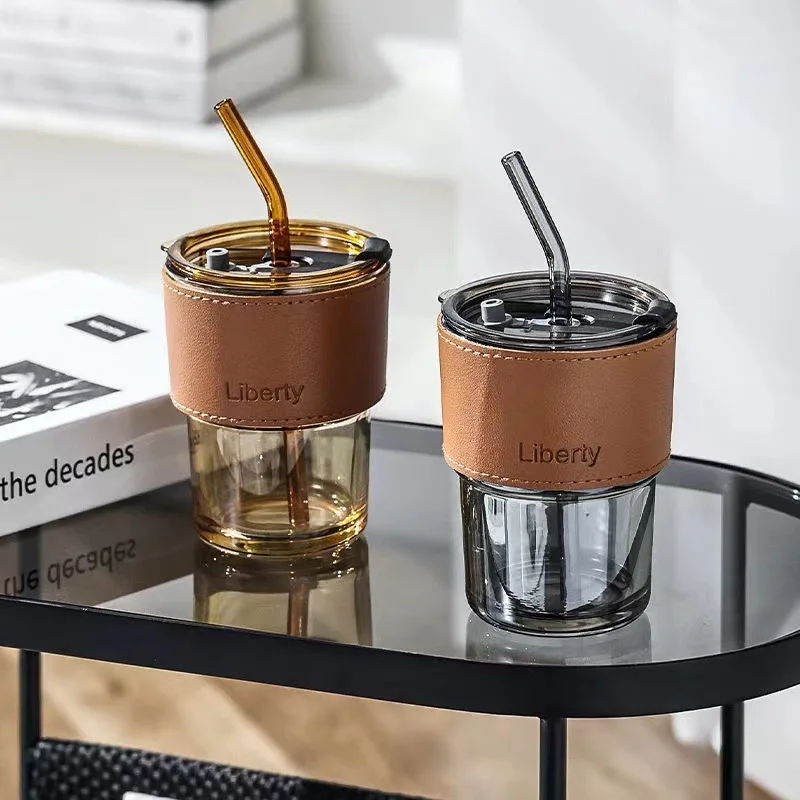 Coffee Cup Creative High Beauty Portable Bamboo Cup with Lid Glass Water Cup ins Wind Net Red 450ml Leather Cover