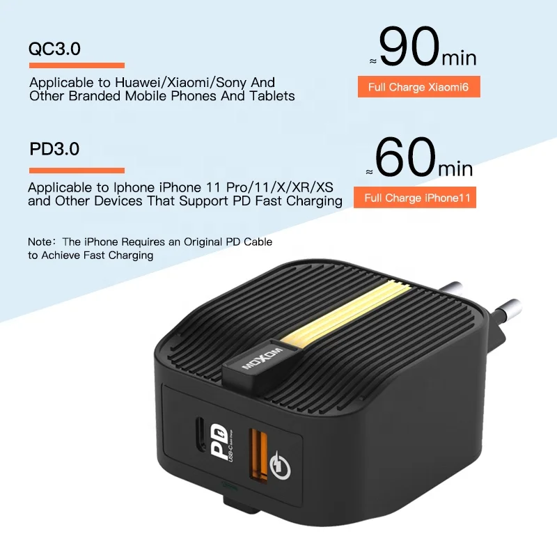 36W FAST MOXOM QC3.0 Charger Set Mobile Phone Wall Type C PD Charger Fast USB C Travel USB