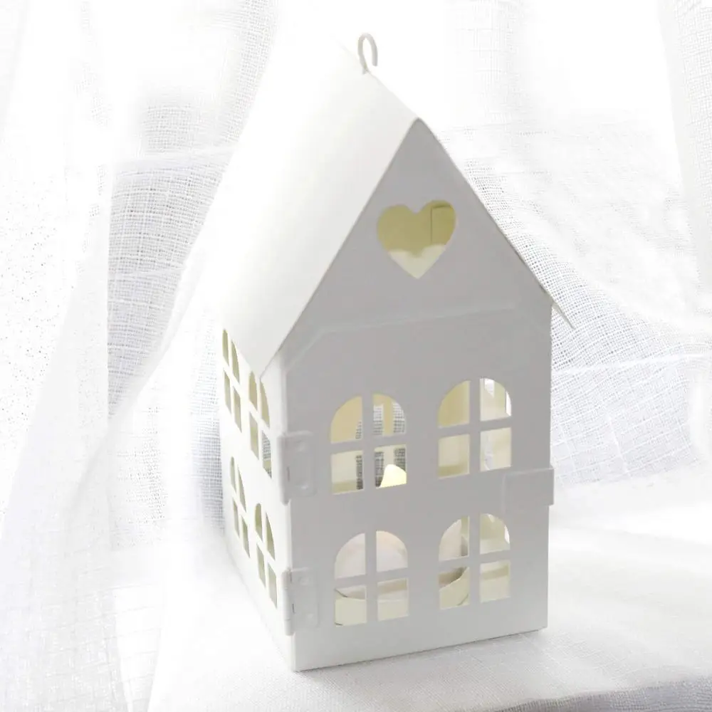 white house design tea light candle holder small home decorative vintage  metal lantern with heart pattern