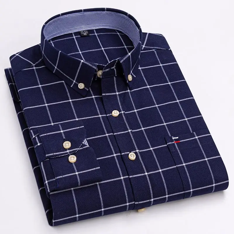 Large size cotton Oxford long-sleeved plaid shirt non-ironing style youth coat loose casual in stock wholesale