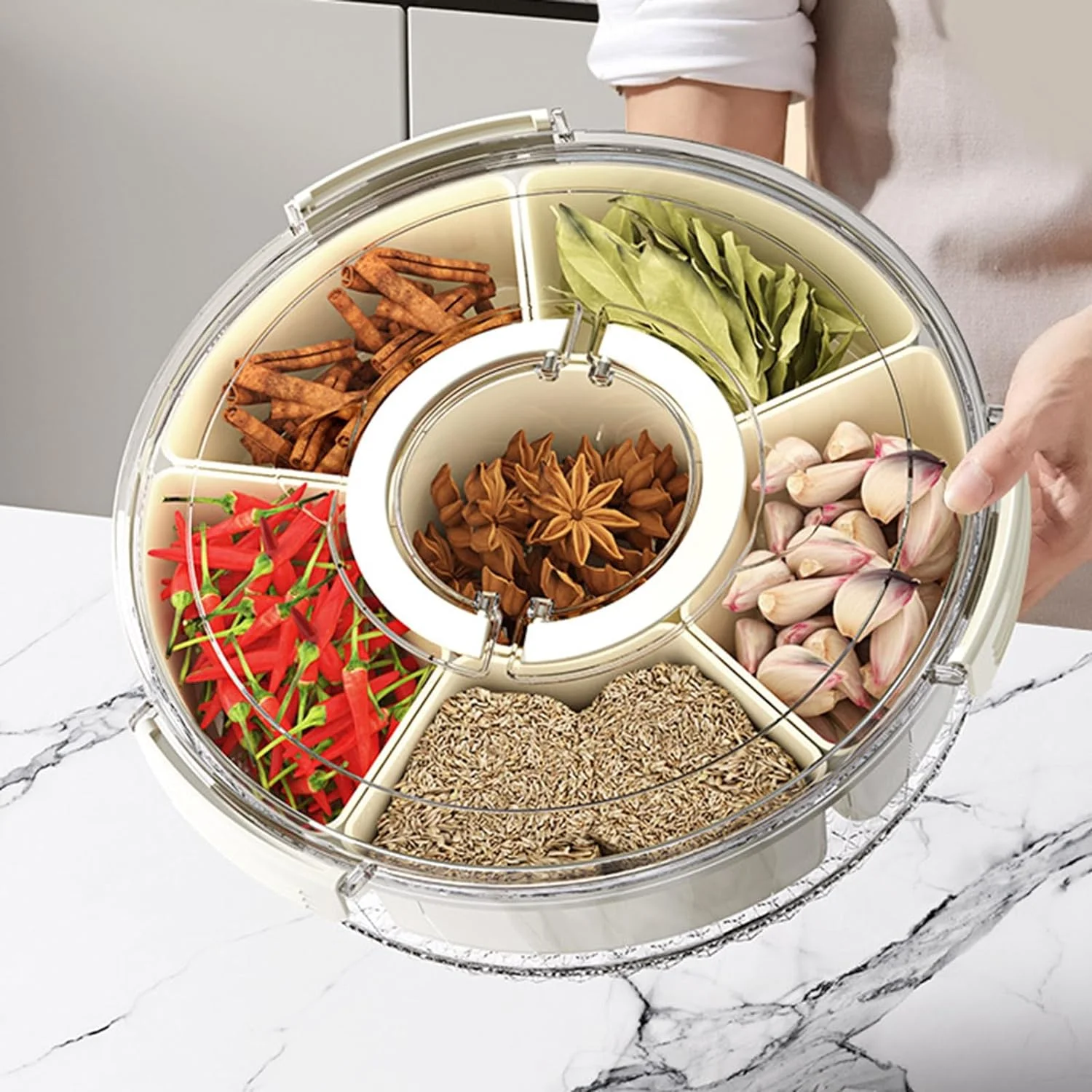 OWNSWING 6 Divided Serving Tray With Handle 360 Rotatable Snackle Box Container Portable Containers For Fruit Veggie Candy