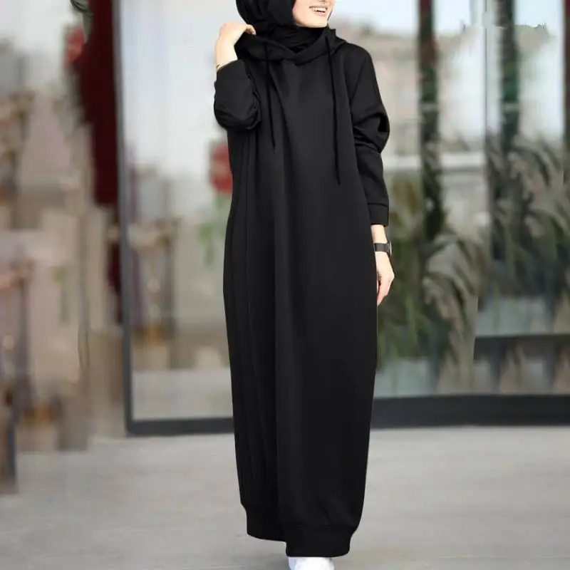 Solid Color Of Long Style Set Islamic Clothing Autumn Winter Hooded Coat For Abaya Women Muslim Dress And Lady Hoodies Coat