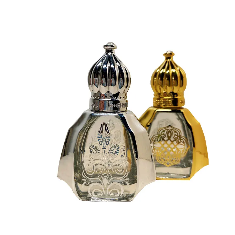 Arabic Glass Perfume Fancy Attar Bottles in Dubai Wholesale 10ml Electroplate Gold Silver Roll On Oils Cosmetic Packaging
