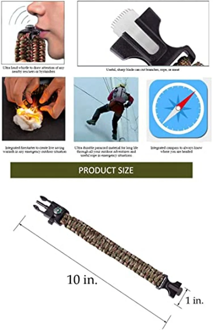 Bracelet Survival Gear Kit with Embedded Compass Fire Starter Emergency Knife & Whistle Survival Bracelet