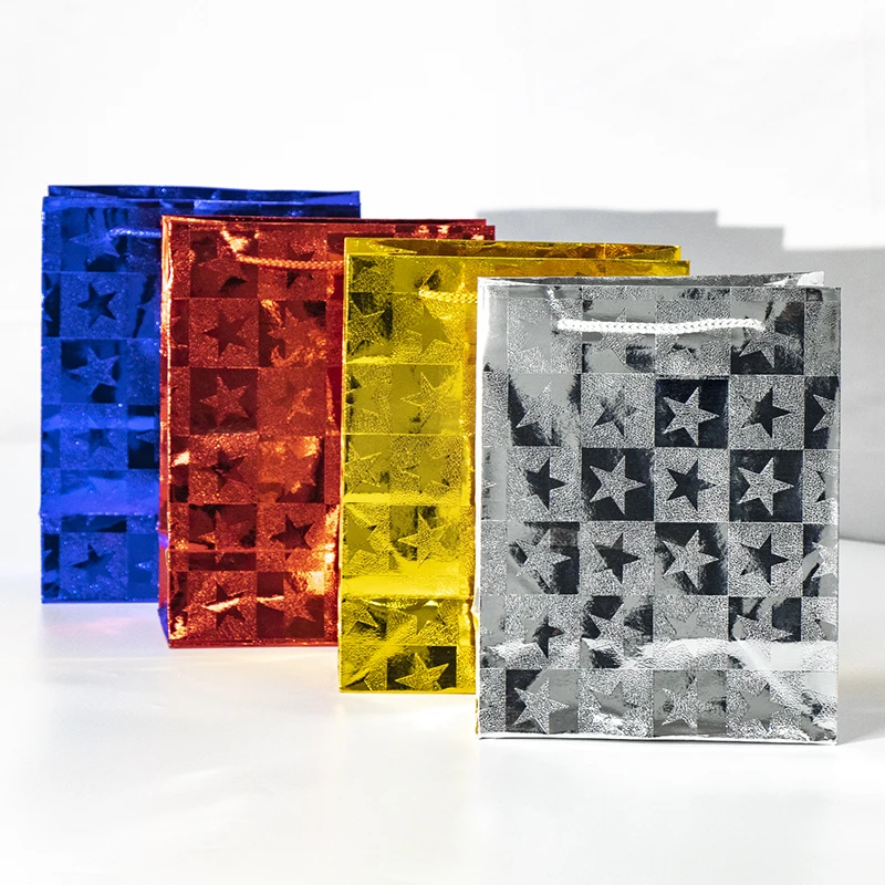 Factory Holographic Cheap Heart Star Special Texture Paper Bags With Handles For Gift Packaging Shopping Carton Gift Paper Bags