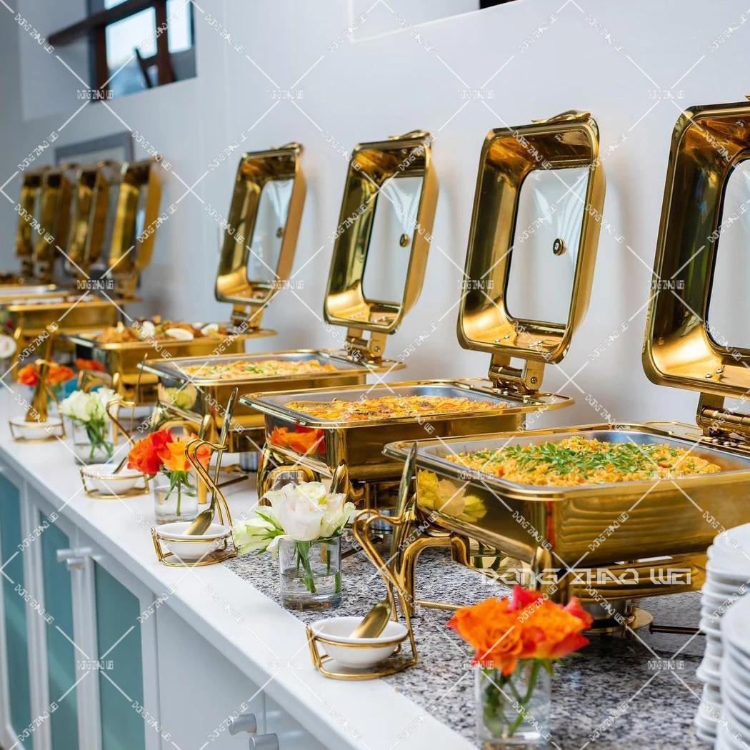 New Arrival Hotel Restaurant Supplies 201 Stainless Steel Restaurant Luxury Display Square Gold Flip Top Chafing dish