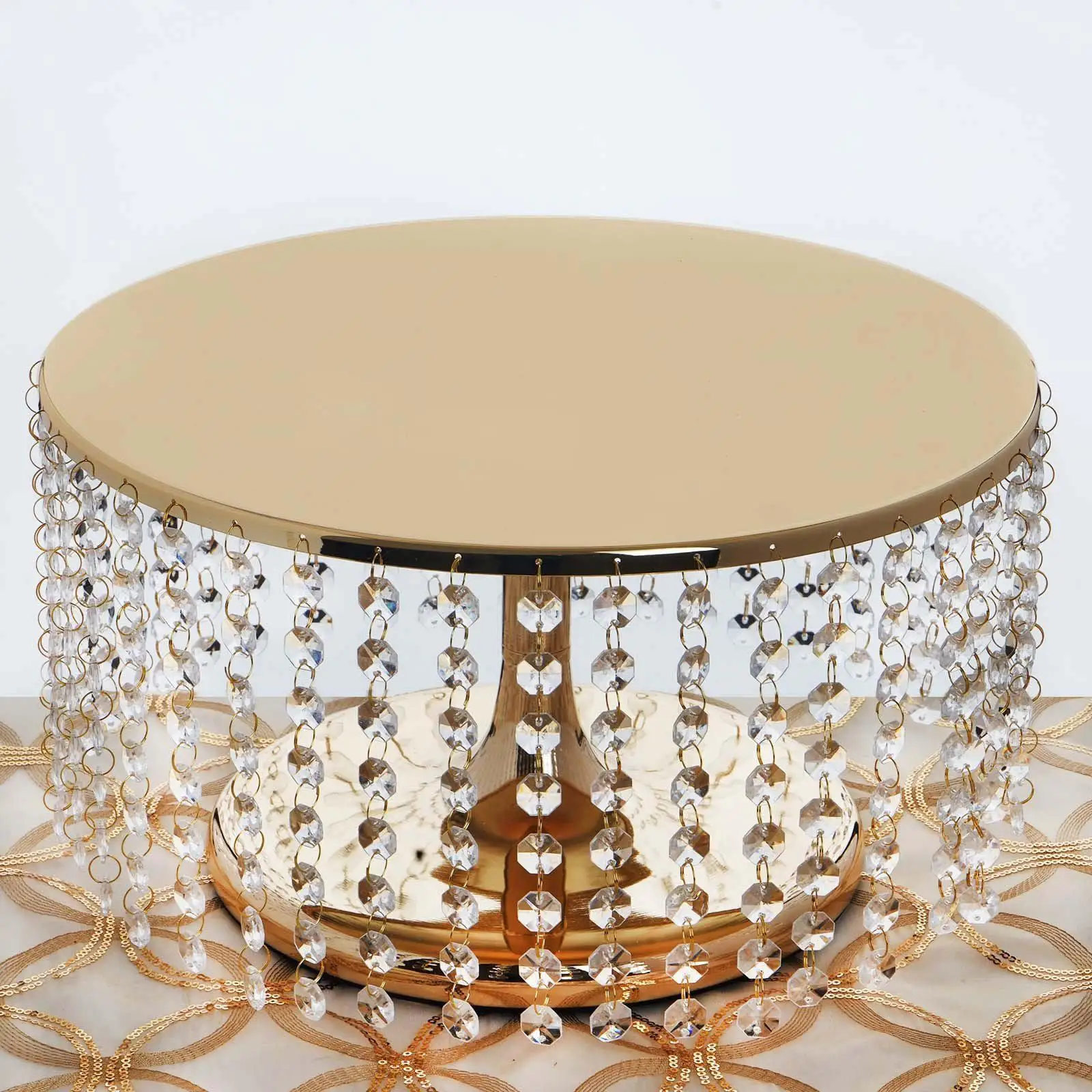Round Gold Crystal Pendants Metal Chandelier Cake Stand Tall
