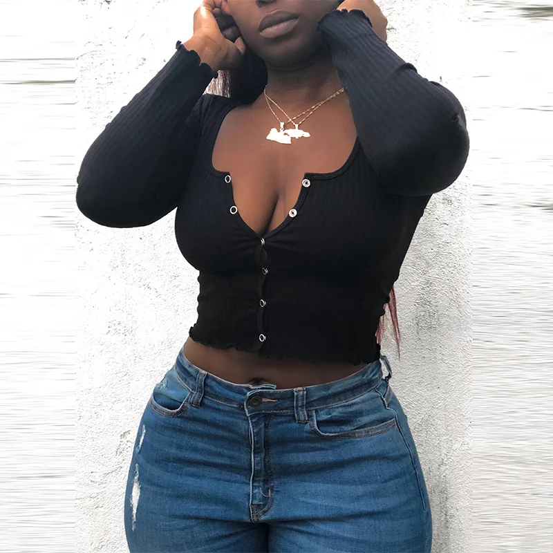 Новая модная Осенняя Дамская обувь сплошной цвет повязки сексуальное платье с длинным рукавом для женщин в рубчик кроп Топ Футболка