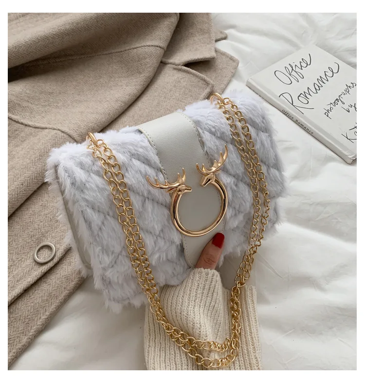 Vintage Leather Fur Handbag with Solid Color Large Clip Lady Dress Street Purse Fashion Quality Guaranteed bag for Winter Use