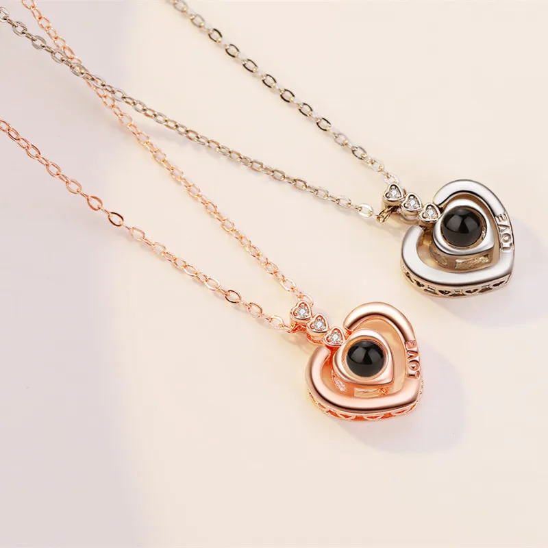 925 Silver necklace with zircone 100 Languages Necklace birthstone Women Pendant Collarbone heart photo projection necklace