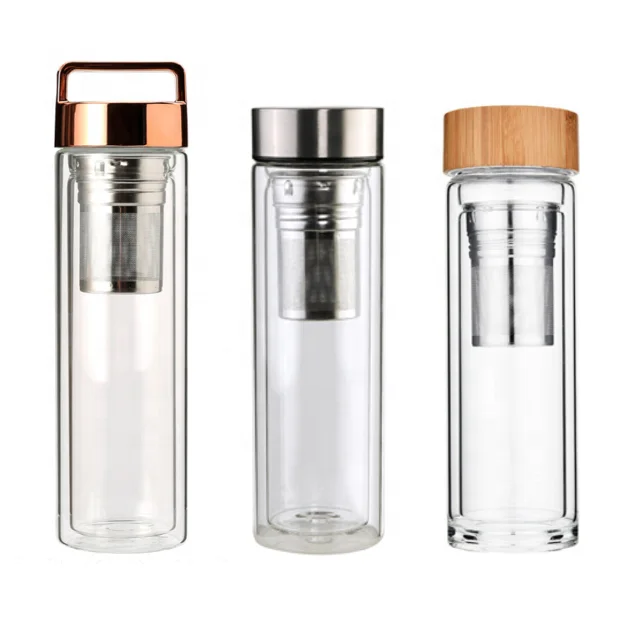 2023 hot selling double wall fruit tea infuser glass water bottle with rose gold metal cap bamboo lid