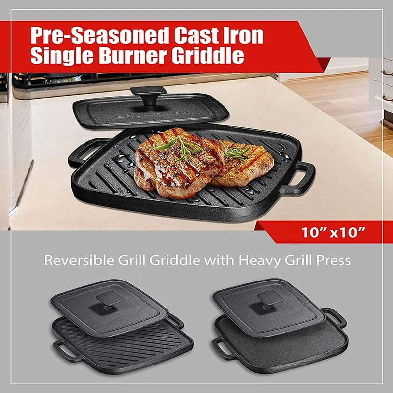 Professional manufacturer cast iron cookware set non stick BBQ grill pan with meat press