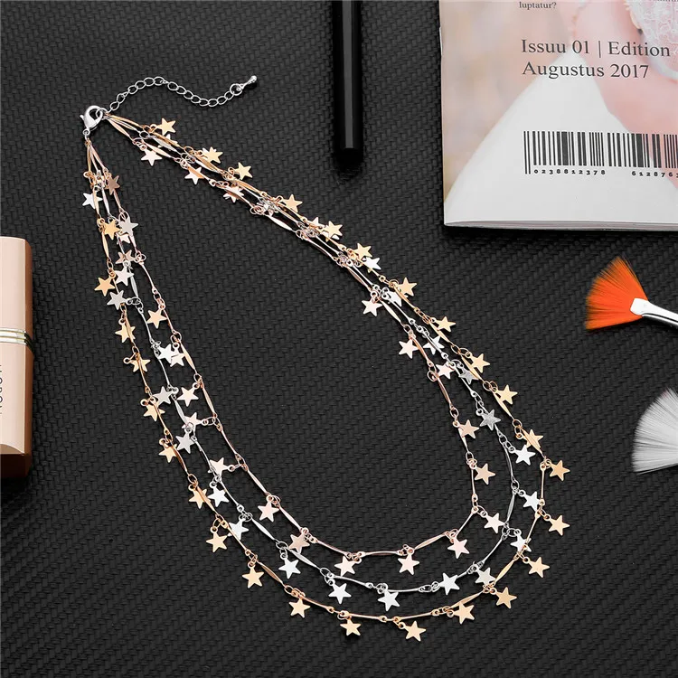 Fashion Gold Silver Stars Multilayer Necklaces For Women Clavicle Chain Five-Pointed Boho Style Necklaces Party Mom Gift