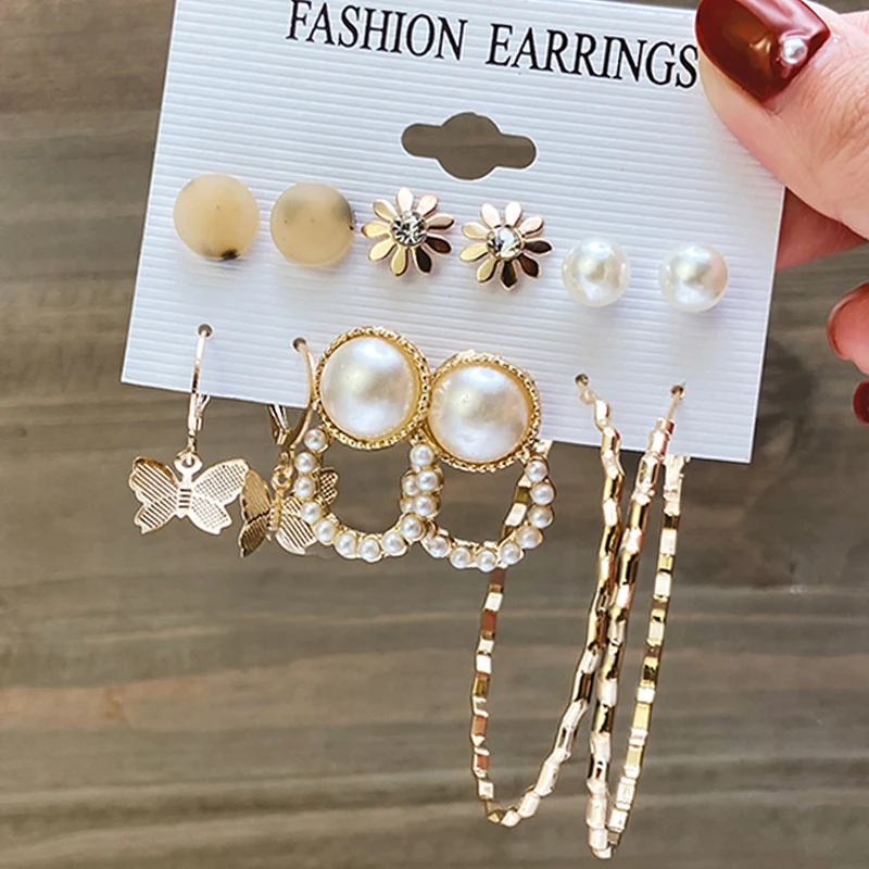 2021 Korean Fashional Acrylic Pearl Crystal Gold Statement Earring  Set for women Circle Butterfly Heart Flower Hoop Earrings