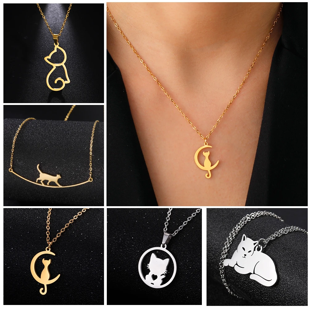 Unift Lovely Girls Cat Pendant Necklace for Women Kitten Neck Chain Choker Fashion Cute Stainless Steel Jewelry Pet Lover Gift