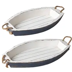 Set of 2 Rustic Style Nesting Wooden Boat Breakfast Platters Serving Trays With Belt Rope Handle
