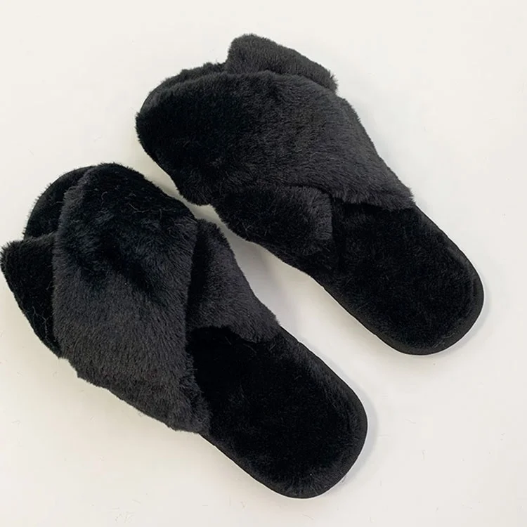 Beautiful Faux Fur Plush Cross Strap Slippers Fashionable Indoor Outdoor Hard-wearing Women Fuzzy Home Slippers Wholesale