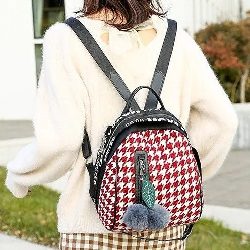 
Hot Sale Fashion Strap Houndstooth Teenager Cross Body Shoulder Bag Youth Students Schoolbag College Women Backpack With Pompom 