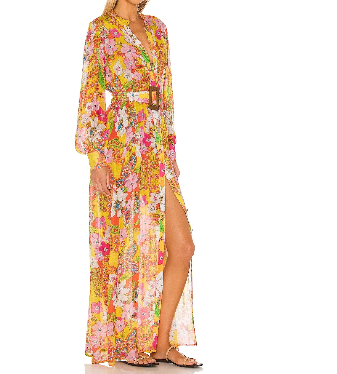 2024 Ladies Summer Floral Print Midi Dresses Casual Daily Clothing Long Sleeve Wholesale MIdi royal blue Dresses with Belt