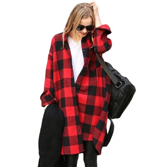 
new wholesale women casual cotton flannle oversize long plaid shirts 