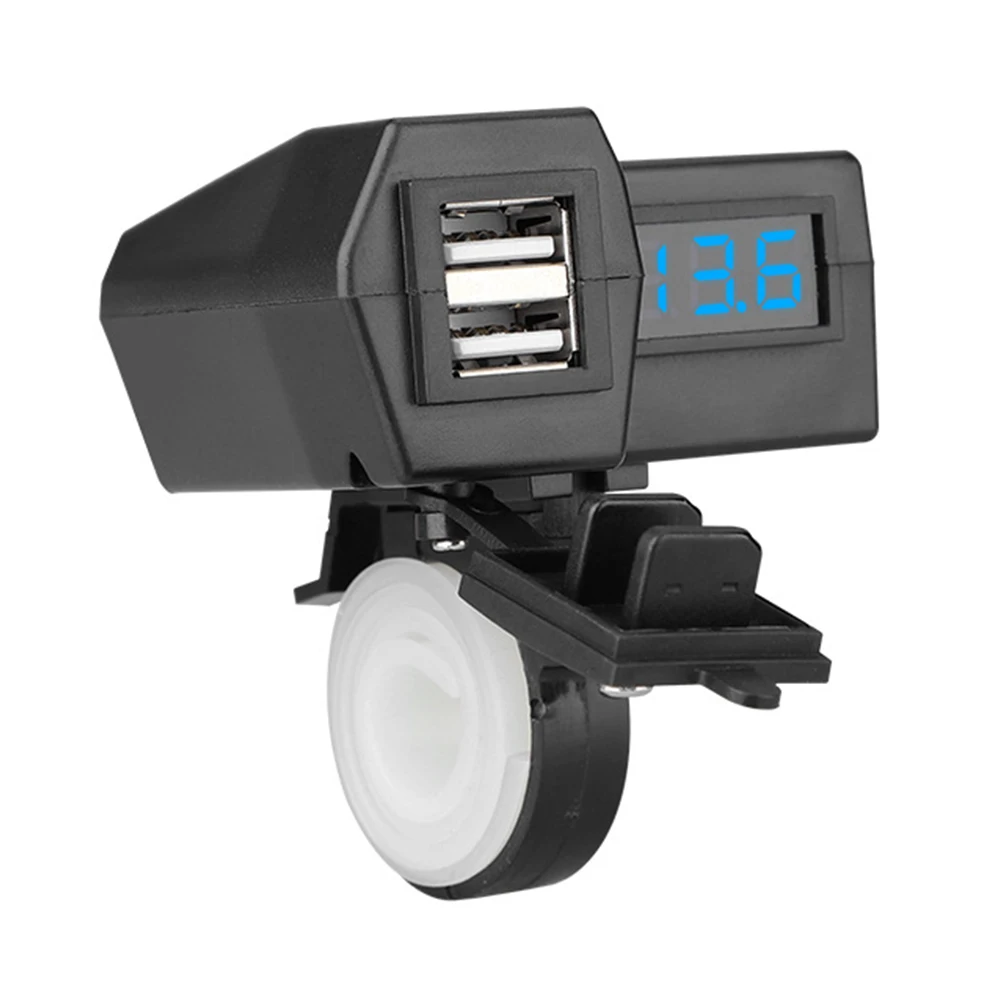 Blue Motorcycle USB Chargers Dual Ports For Phone Charging With Voltmeter Waterproof Cover ON/OFF Switch Motorbike Accessories