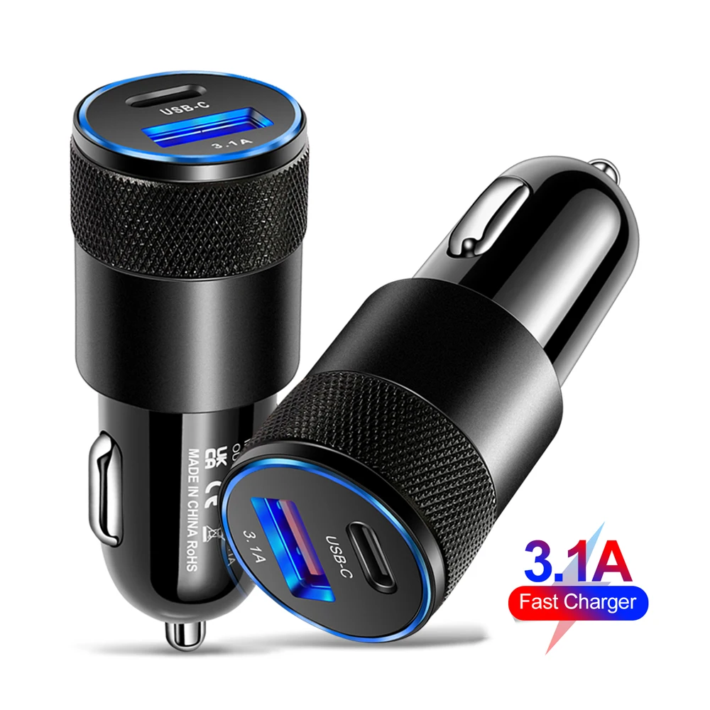 2 Port QC3.0 3.1A USB+PD Metal Dual Port Car Fast Charging Charger Adapter USB Type C Android 30W 60W For iPhone For Samsung Ca