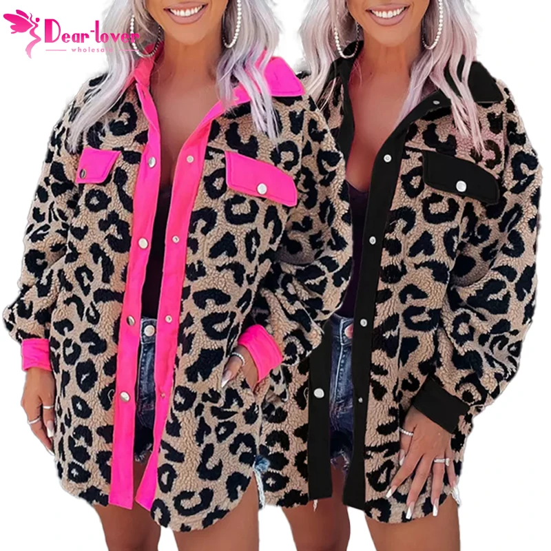 Neon Pink Contrast Trimmed Leopard Teddy Shackets Flannel  Women Long Sleeve Shacket Jacket Coat Shacket