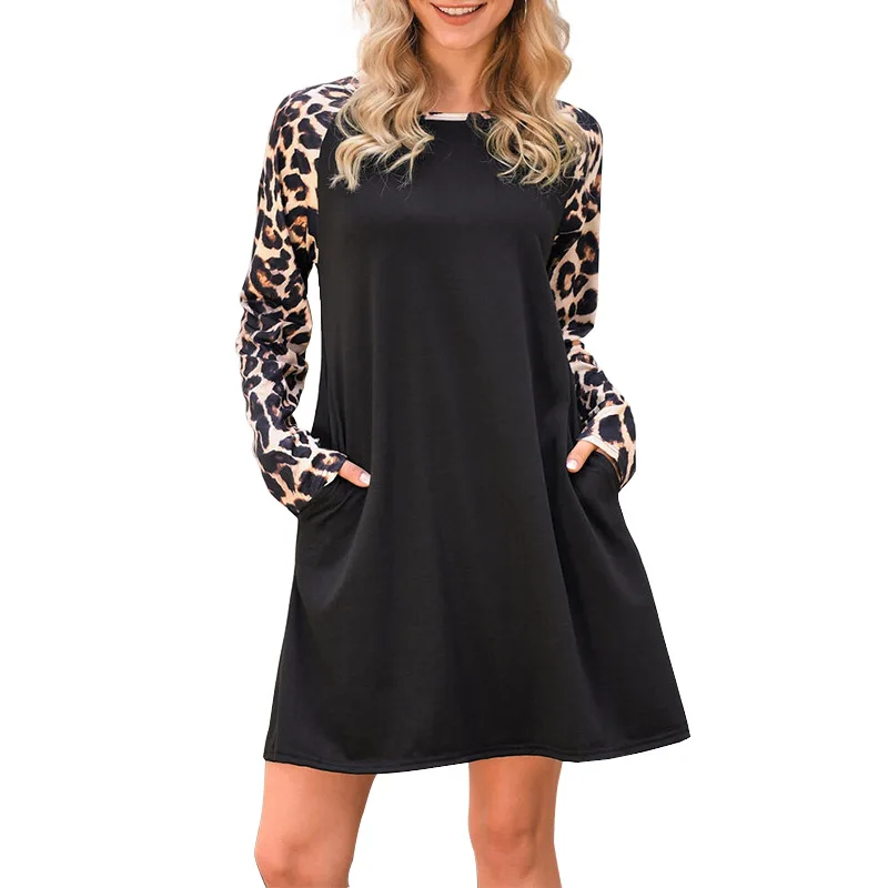 
Wholesale Women Autumn Casual Round Neck A-Line Long Sleeve Skirt Ladies Elegant Fashion Leopard Print Color Block Dress 