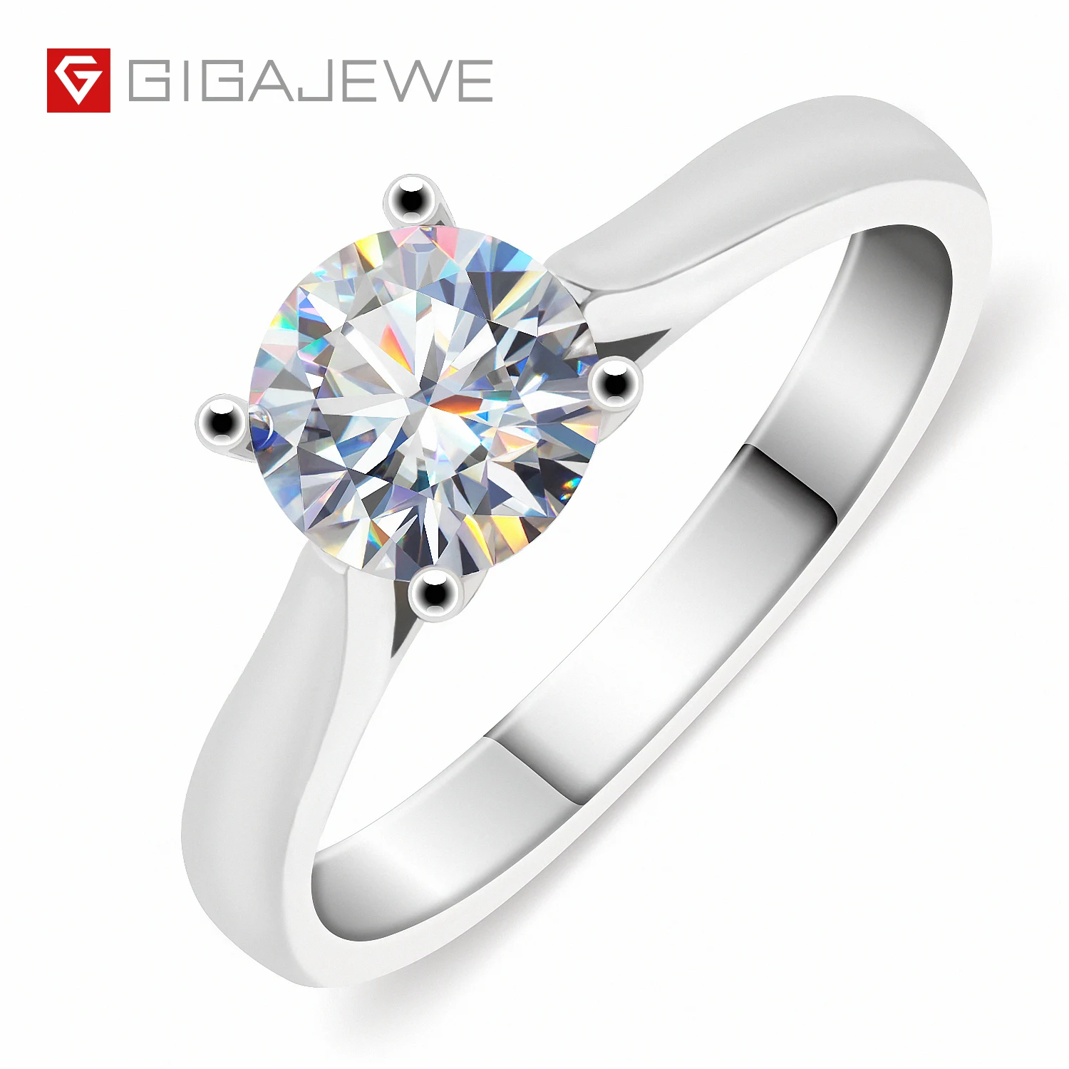 GIGAJEWE 1ct 6.5mm Round Cut White EF color VVS1 Moissanite 925 Silver Ring plated with 18k gold
