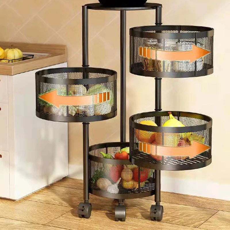 Round Multi-layer Floor Mobile Household Kitchen Rotating Shelf With Wheels