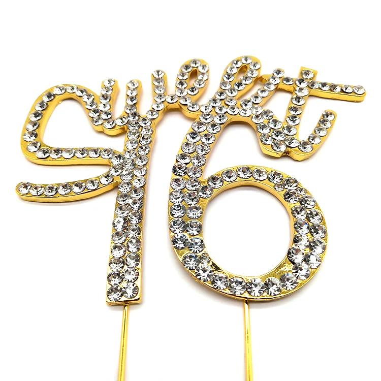 Sparkling Crystal Sweet 16 Cake Topper Gold Alloy Rhinestone for 16th Birthday Party Decoration Favored