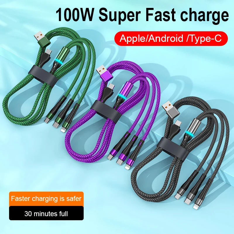 High Quality Nylon Braided 66W 100W 3 in 1 Charging Data Cable Micro USB Type C 5A Fast Charging Cable For Cell Phones