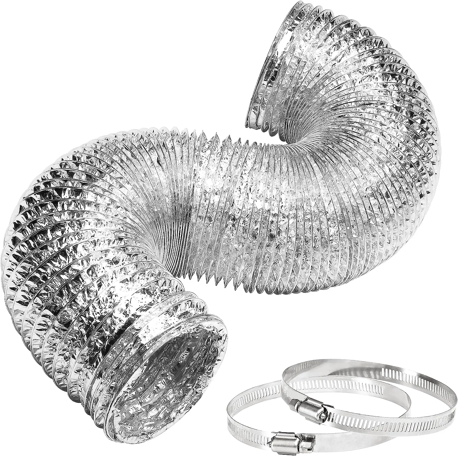 Silver 4 inch 8 feet Non-Insulated Flex Air Aluminum Foil Transition Ducting Dryer Vent Hose for HVAC Ventilation with 2 Clamps